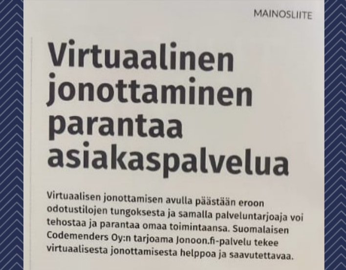 jonoon_fi's tweet photo. Meistä ja virtuaalijonottamisesta on tänään ollut juttu Talouselämän Tulevaisuuden osaajat -liitteessä. Joko olet lukenut?

#talouselämä #codemenders #queuemanagementsystem #queuing #uusinormaali #mobiilisovellus https://t.co/I1Cc2406eY