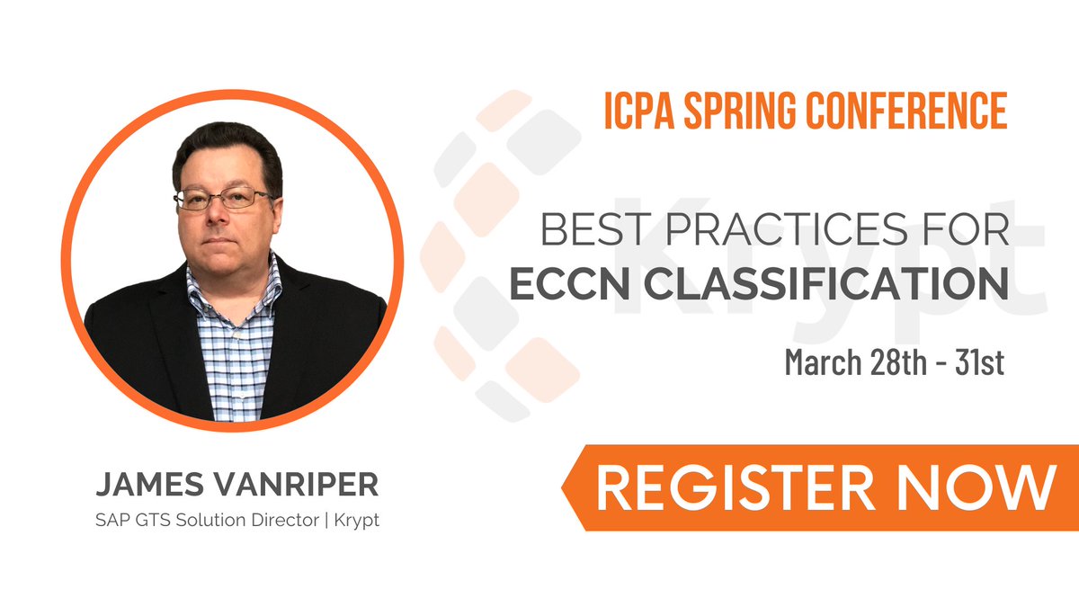 Kryptinc's tweet image. LAST WEEK TO REGISTER! 
Register now for ICPA Spring Conference on March 28th - 31st. James VanRiper will be speaking on &quot;Best Practices for ECCN Classification&quot;.

Register: hubs.ly/H0JZH9B0

#Kryptevents #SAPevents #KryptICPAevents #ICPAevents #ICPA #Krypt #KryptInc