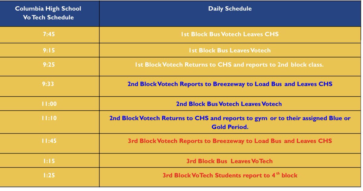 ColumbiaHigh1's tweet photo. CHS Spring 2021 Daily Schedule beginning Monday March 29, 2021 https://t.co/UwoJ8QbeHp