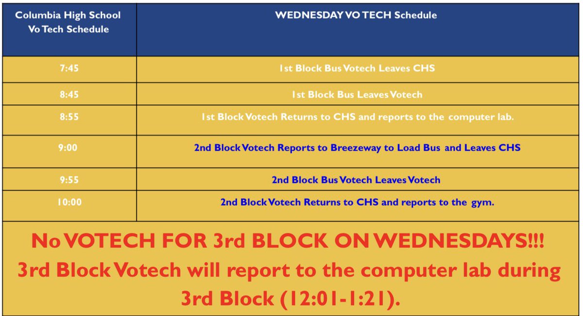 ColumbiaHigh1's tweet photo. CHS Spring 2021 Daily Schedule beginning Monday March 29, 2021 https://t.co/UwoJ8QbeHp