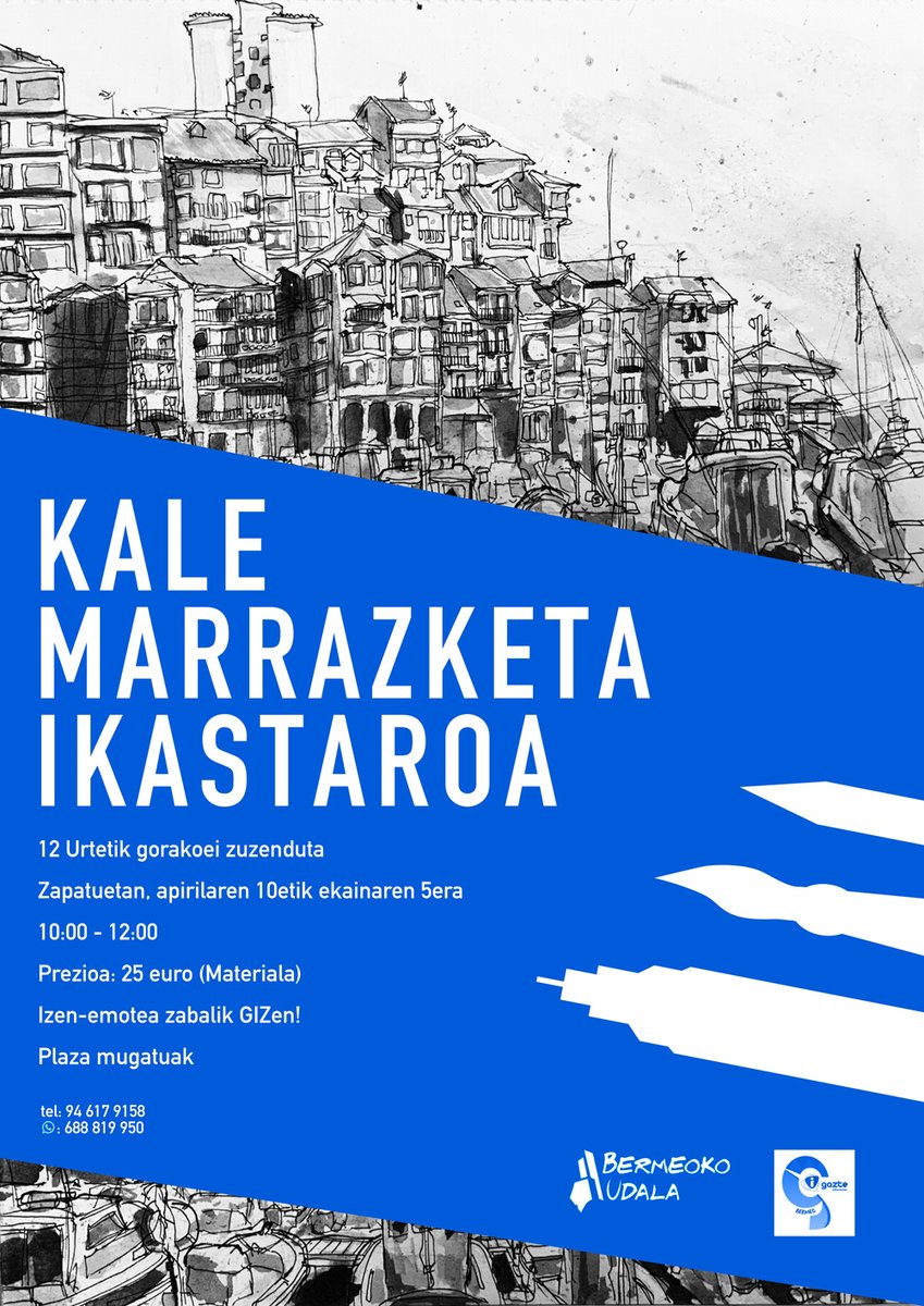 GizBermeo's tweet photo. 🧑🏻🎨 #Bermeoko GIZek kale #marrazketa #ikastaroa prestatu dau 12 urtetik gorakoentzat
Eskolak zapatuetan izango dira, apirilaren 10etik ekainaren 5era, 10:00etatik 12:00etara
👥 Plaza kopuru mugatua
💶 25 € (materiala erosteko)
📝 Izen-emotea zabalik!
https://t.co/TGe1rKB7y0 https://t.co/sxAzKGYKPp