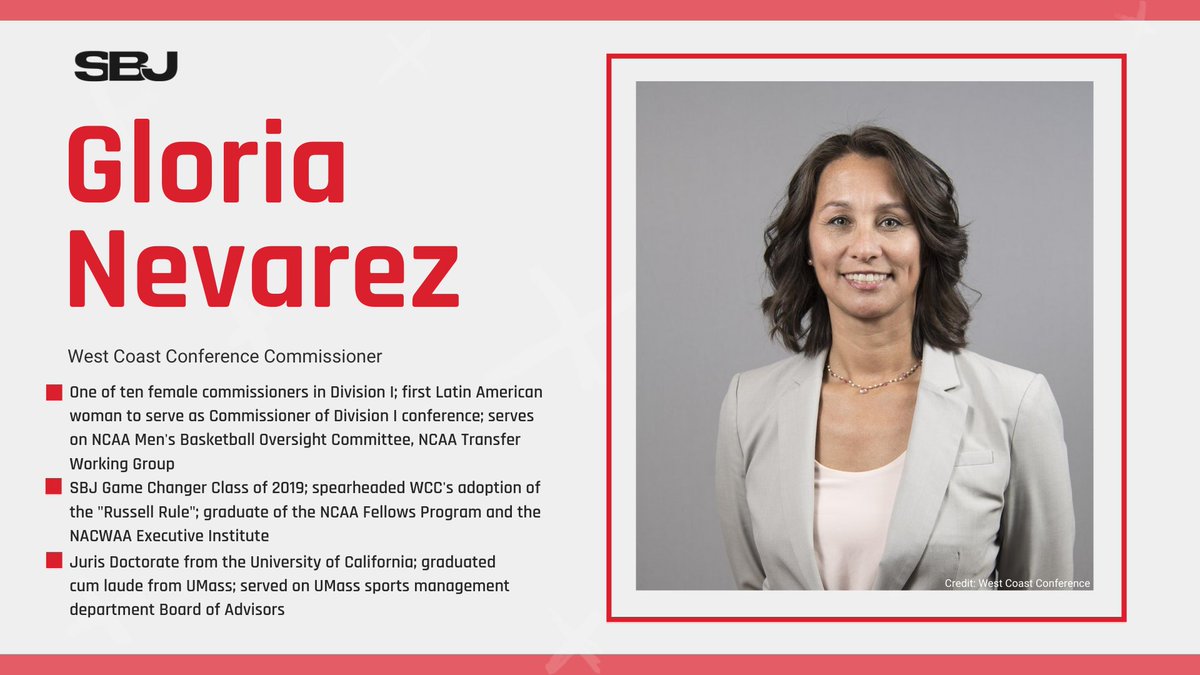 SBJ's tweet photo. Today for #WomensHistoryMonth, we honor @WCCsports Commissioner Gloria Nevarez (@GloNevarez), the first Latin American woman ever to be named Commissioner of a Division I athletics conference. #WHM2021 https://t.co/F8h7kSUUwJ