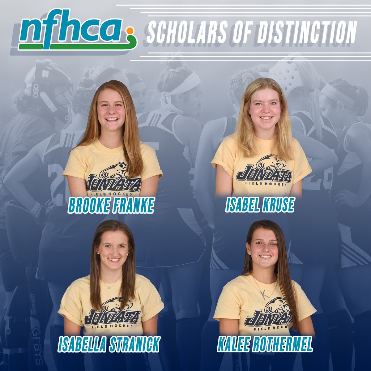 JuniataEagles's tweet photo. Four Juniata field hockey student-athletes have been recognized as National Field Hockey Coaches Association (NFHCA) Division III Scholars of Distinction for achieving a cumulative grade-point average of 3.9 or higher! #goeagles #jcfh https://t.co/1BCzNVt8Zx