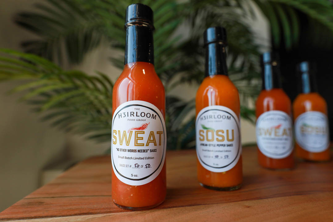 𝕊𝕎𝔼𝔸𝕋 𝕩 𝕊𝕆𝕊𝕌 IS NOW LIVE!!! Y’all better catch this 🔥🔥 before it sells out again! 🌶 Here for a LIMITED RUN! This hot sauce set was small batched and hand-made by H3irloom’s own award-winning chef and Food Network’s Chopped Grand Champi