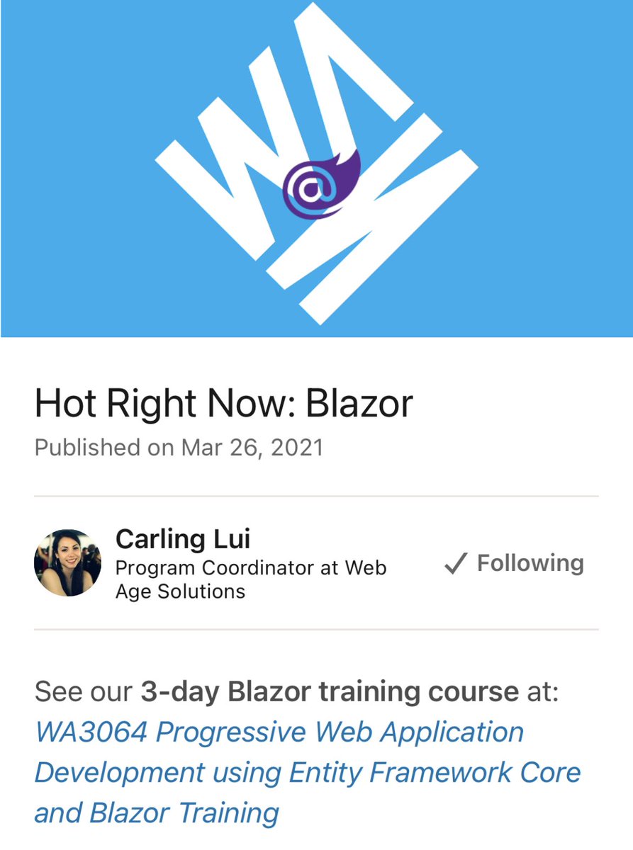 WebAgeSolutions's tweet image. #trendingnow #progressivewebapplicationdevelopment using #entityframeworkcore and #blazor
See full outline: webagesolutions.com/courses/micros…
#microsoft #microsofttraining #microsoftpartner #javascript #crossplatform #csharp #servicedependency #injection #webagesolutions