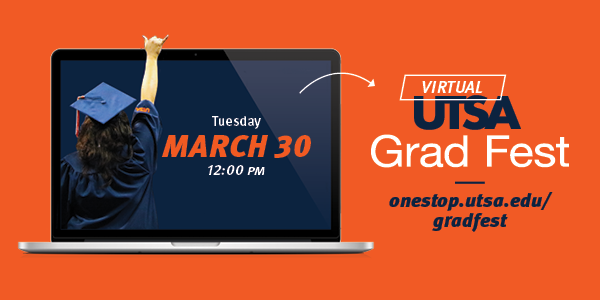 UTSAOneStop's tweet image. Hey spring graduates, attend virtual #UTSAGradFest on Tuesday to get all your questions answered about graduation and commencement. Be sure to mark your calendars! 📅 Find out more info at onestop.utsa.edu/gradfest #UTSA #UTSAGrad21