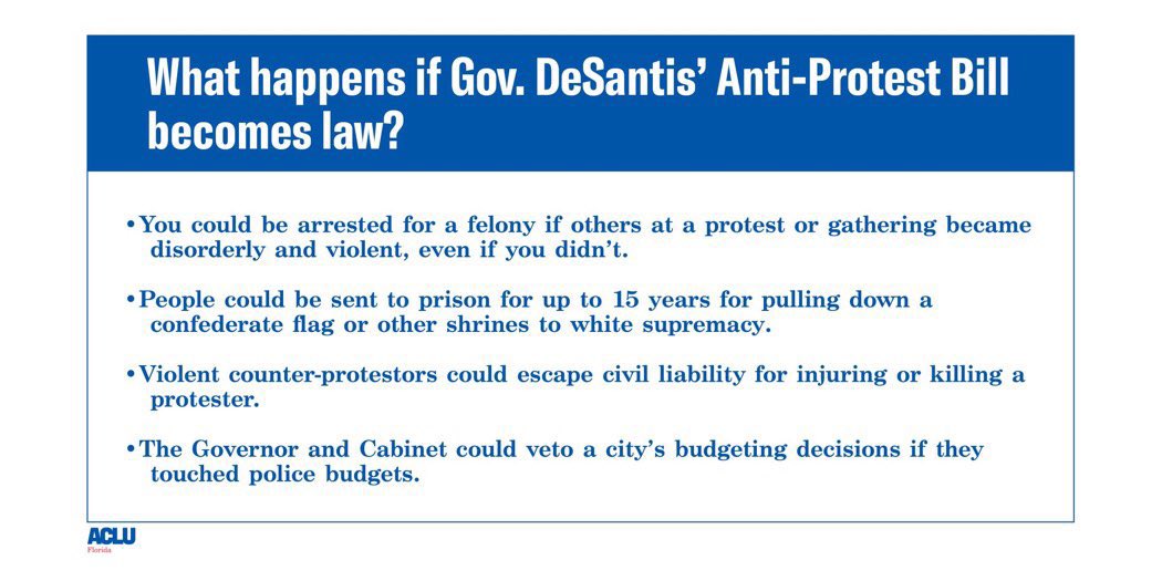 ACLUFL's tweet photo. HB 1, the anti-protest bill, is being debated on the Florida House floor today. Watch it here: https://t.co/vRYsrzEQo4 https://t.co/Wyd2mq1rtB