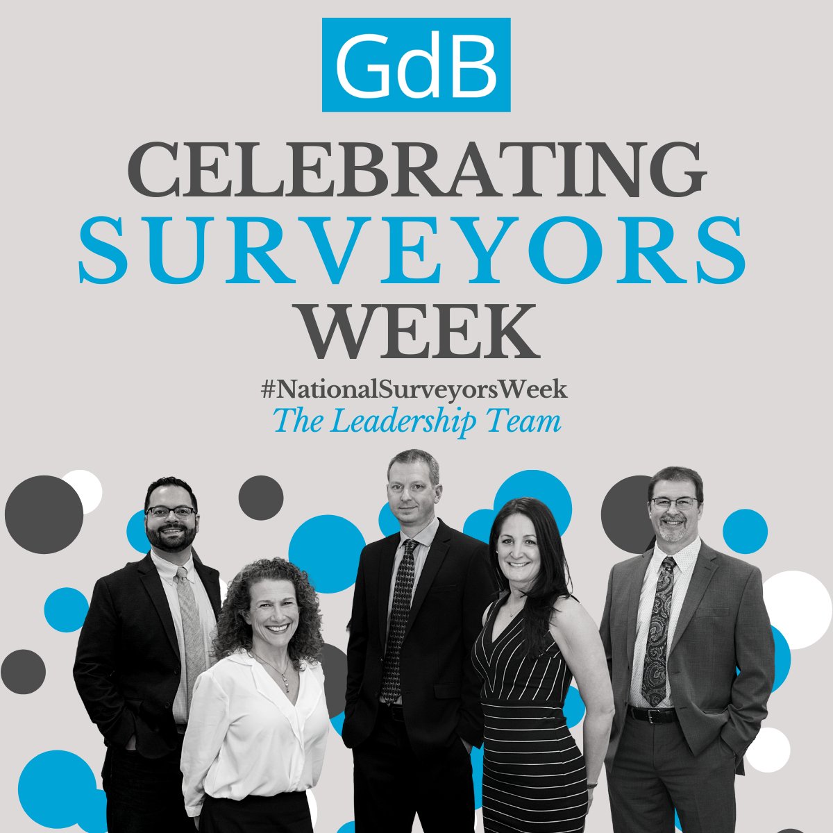 GdbGeospatial's tweet photo. Day 5 of National Surveyors Week! Today we are featuring the GdB Leadership Team. One of our favorite things about being in Land Surveying is working on a variety of projects and finding solutions to all kinds of issues. 

#NationalSurveyorsWeek #DrivingProgressWithData https://t.co/3YLXfDMMpg