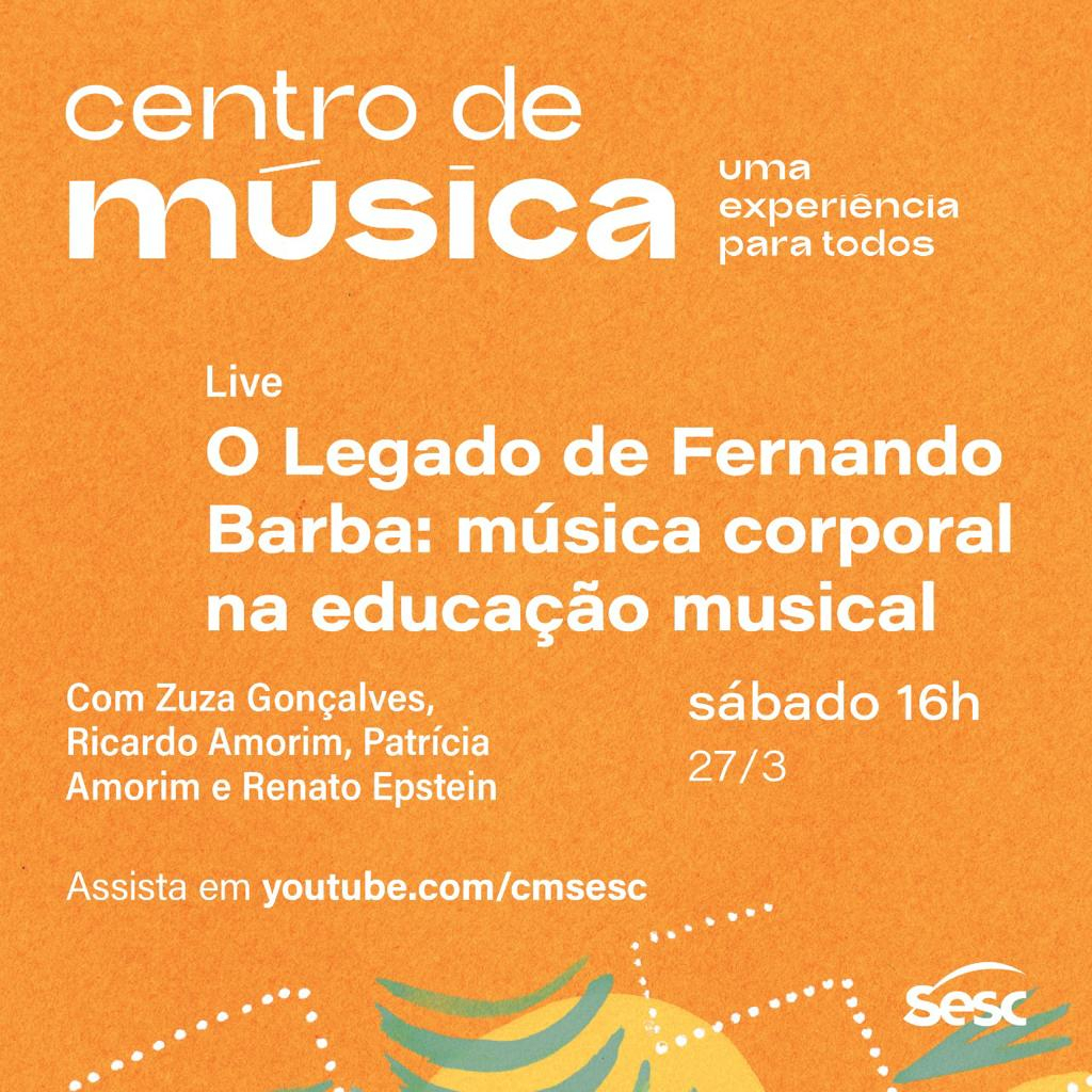 barbatuques's tweet photo. Sábado temos um encontro online especial no Centro de Música Sesc, sobre o legado de Barba na Educação Musical.

Renato Epstein representa o Barbatuques neste papo com Zuza Gonçalves, Renato Amorim e Patrícia Amorim.

No https://t.co/WnYgACMlV0

#fernandobarba #educaçãomusical https://t.co/gG0xRcERP9