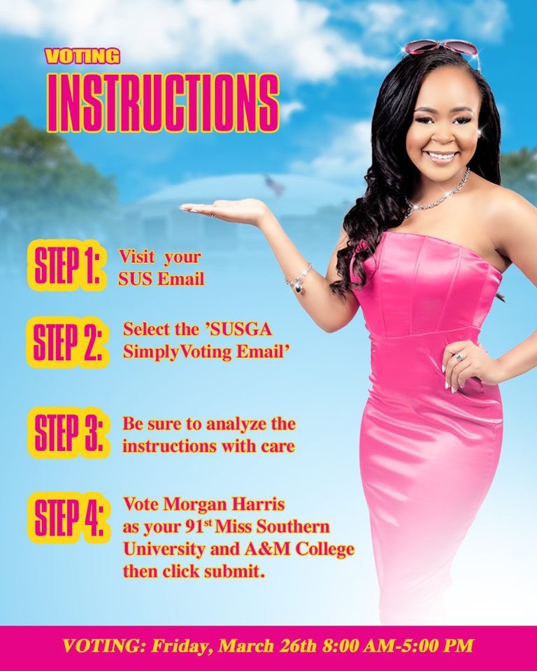 marchristopher_'s tweet photo. Southern University, it’s voting day! 🗳 Please follow the steps above and vote for #1 on the ballot, MORGAN HARRIS as your next Miss Southern University and A&M College!! 💗 #LegallyMissSouthern #SUpportMorgan #FromBabyQueentoMissSU #SUElections https://t.co/IeFsjrlH7E