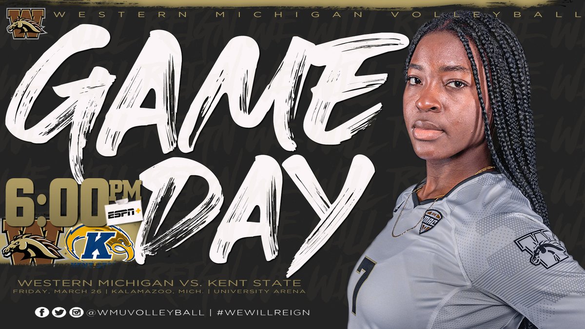 WMUVolleyball's tweet photo. 𝕄𝔸𝕋ℂℍ 𝔻𝔸𝕐 #WeWillReign 

🆚 Kent State
⏰ 6:00 p.m. 
🏟️ University Arena
📺 ESPN+ | https://t.co/fW5UrkAWkB
📊 https://t.co/TRsj2yx3JD https://t.co/IMI9zvlYAB
