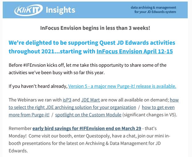 klikitltd's tweet photo. This month's Insights newsletter is now available.  With articles on upcoming #IFEnvision, links to OnDemand webinars with @iSP3_solutions and @JDEmart_com and #Purgeit! Version 5 video

https://t.co/2rBzuawMm9

#JDEdwards #JDE #ERP #TackletheTangle #Dataarchiving #DataManagement https://t.co/XV7tM29Ggz