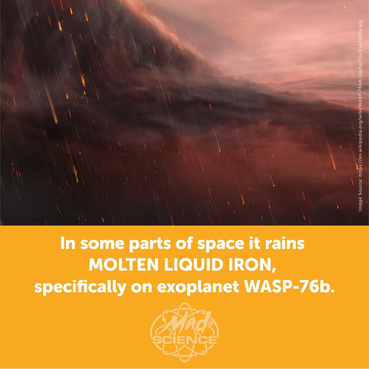 MadScienceDFW's tweet image. In some parts of space it rains molten liquid iron, specifically on exoplanet WASP-76b. This scorching hot exoplanet was discovered in 2013 and it’s not a place you’d want to be!