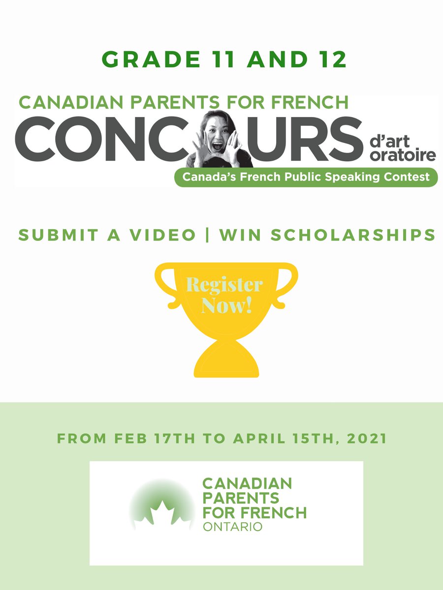 CPFontario's tweet photo. #FLS Élèves de 11è et 12è année!
Rédigez un discours sur un sujet de votre choix! Ensuite enregistrez-vous et adressez la vidéo de votre discours à CPF Ontario. Tu cours la chance de gagner une bourse d’étude! @GlendonCampus Inscriptions jusqu’au 15 avril
https://t.co/sIBzpajb83 https://t.co/CSvlHE3eiX