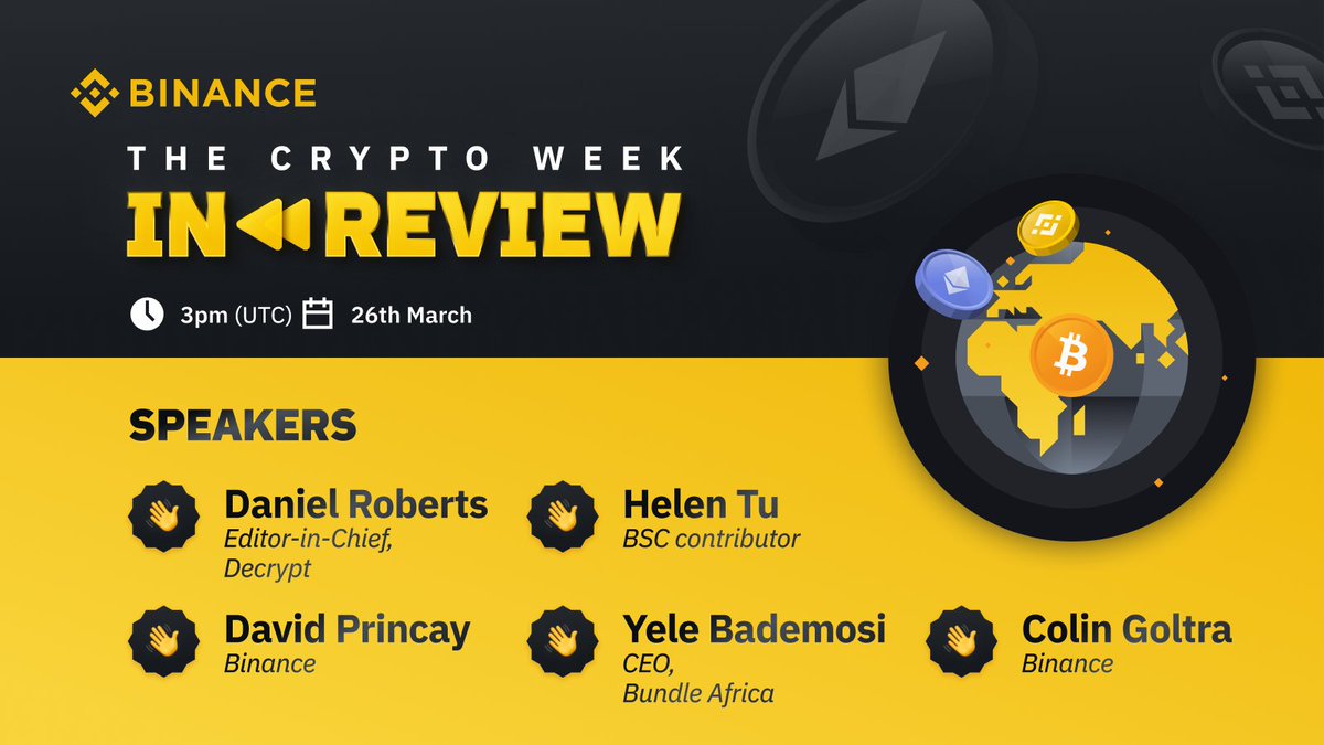 binance's tweet photo. Join us on Clubhouse at 3PM UTC for #Binance's Crypto Week in Review!

We'll cover everything you should know about crypto from this past week.

Featuring @YeleBademosi, @davidprincay, @readDanwrite and @Goltra. 

➡️ https://t.co/C20KLMEZS0 https://t.co/NE5vpqaXA9
