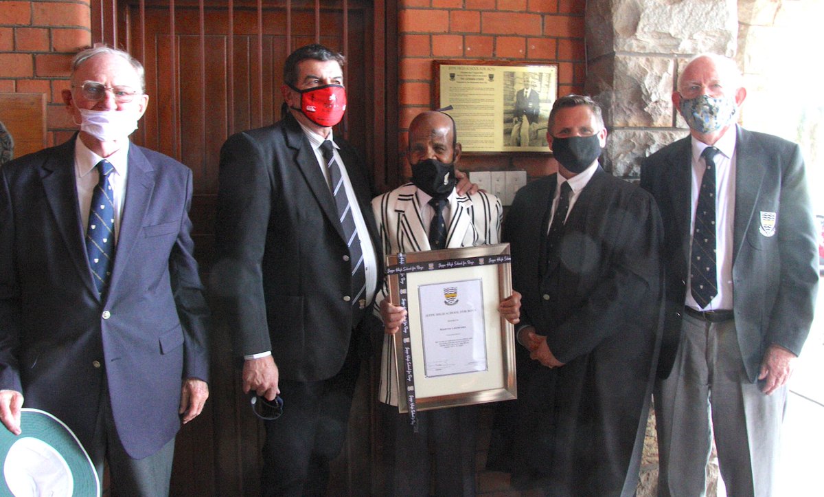 jeppeboys's tweet photo. A personal address, guard of honour, and unveiling of the new 'Ledwaba Stairs' plaque which Martin shared with Headmasters Mr Quail, Mr Tait, Mr Dempsy, and Mr Jackson. The Ledwaba family joined him for his beautiful day. https://t.co/kIctCsKOg5