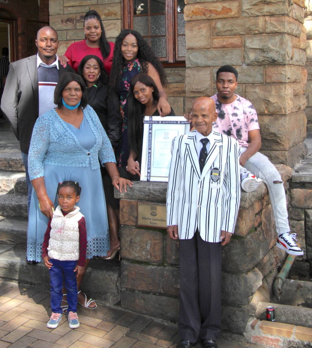 jeppeboys's tweet photo. A personal address, guard of honour, and unveiling of the new 'Ledwaba Stairs' plaque which Martin shared with Headmasters Mr Quail, Mr Tait, Mr Dempsy, and Mr Jackson. The Ledwaba family joined him for his beautiful day. https://t.co/kIctCsKOg5