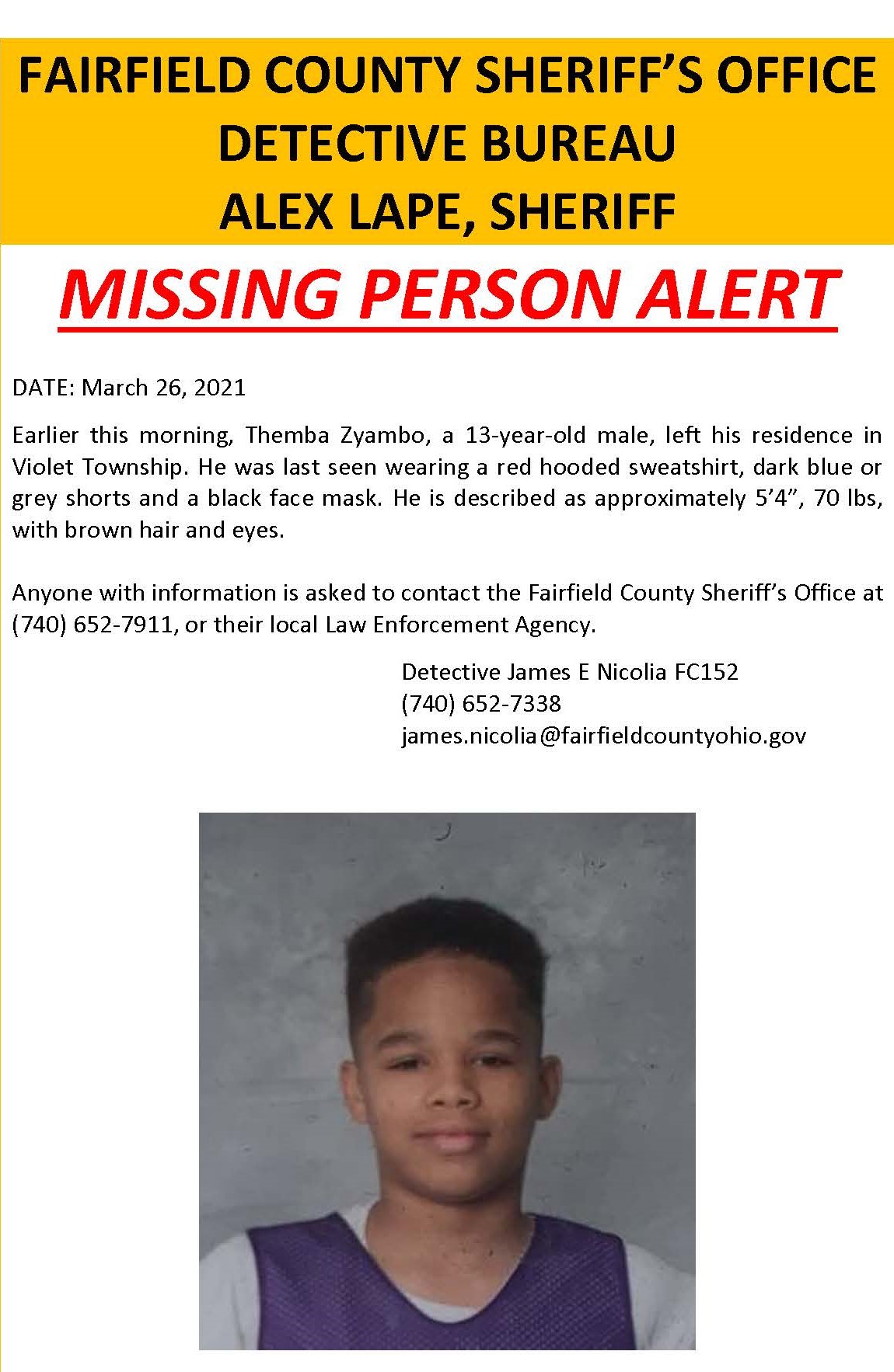 Fcso23 Missing Person 03 26 21 Earlier This Morning Themba Zyambo A 13 Year Old Male Left His Residence In Violet Township He Was Last Seen Wearing A Red Hooded Sweatshirt Dark Blue Grey Shorts