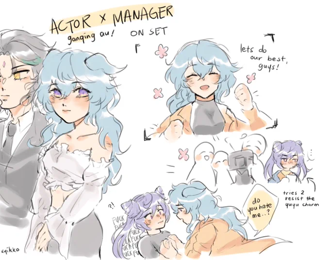 INHALES ... actor x manager ganqing au except keqing's the manager of ganyu's love interest in the show (and inevitably falls for the yuyu charms as they work on set) #GenshinImpact #原神 #甘晴 