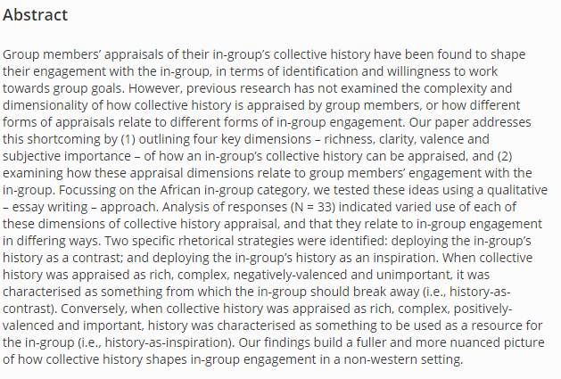 💥New pre-print💥

"How group members appraise collective history: Appraisal dimensions of collective history and their role in in-group engagement"

More by Damilola Makanju on representations of African collective history &amp; ingroup engagement

1/

psyarxiv.com/p4rxj/