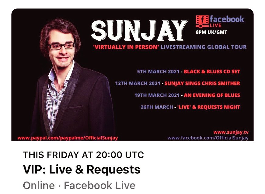 OfficialSunjay's tweet photo. Tonight’s the night! Live and Requests over on @Facebook #LIVESTREAMCONCERT #sunjay #singer #guitarist #blues 🎸  #virtuallyinperson #vip #guitar #cortguitars #bluesguitar #music #musician #bluesmusic #ericclaptonstrings #jimdunlopusa #fingerpicking #gig #live https://t.co/EJWNhJcAWc