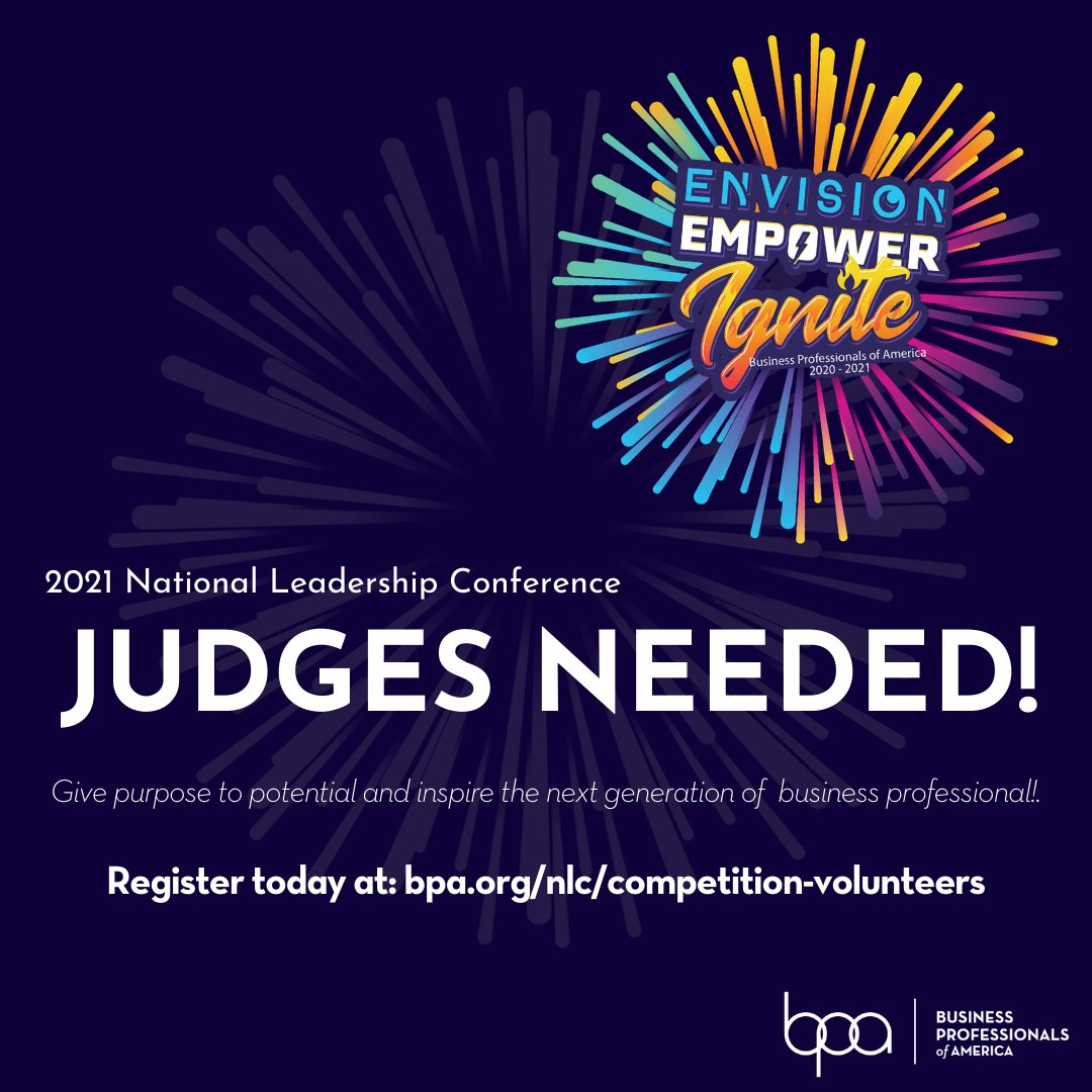 You can make a difference in the life of a student! Our National Leadership Conference is virtual this year &amp; we need judges to make it a memorable experience. It's an exciting &amp; inspiring opportunity that you will not soon forget! Register at: bpa.org/nlc/competitio…
Thank you!