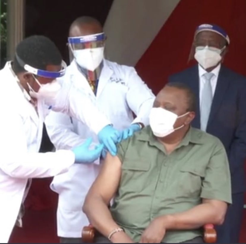 MOH_Kenya's tweet photo. PRESIDENT UHURU KENYATTA &amp; First Lady Margaret Kenyatta receive the Covid-19 vaccine. 
This is a safe vaccine, that has gone through various trials &amp; has been developed after scientific research. The vaccines provides immunity against #COVID19 
#VaccinesWork 
#PresidentialAddress https://t.co/fsNjJgm73s