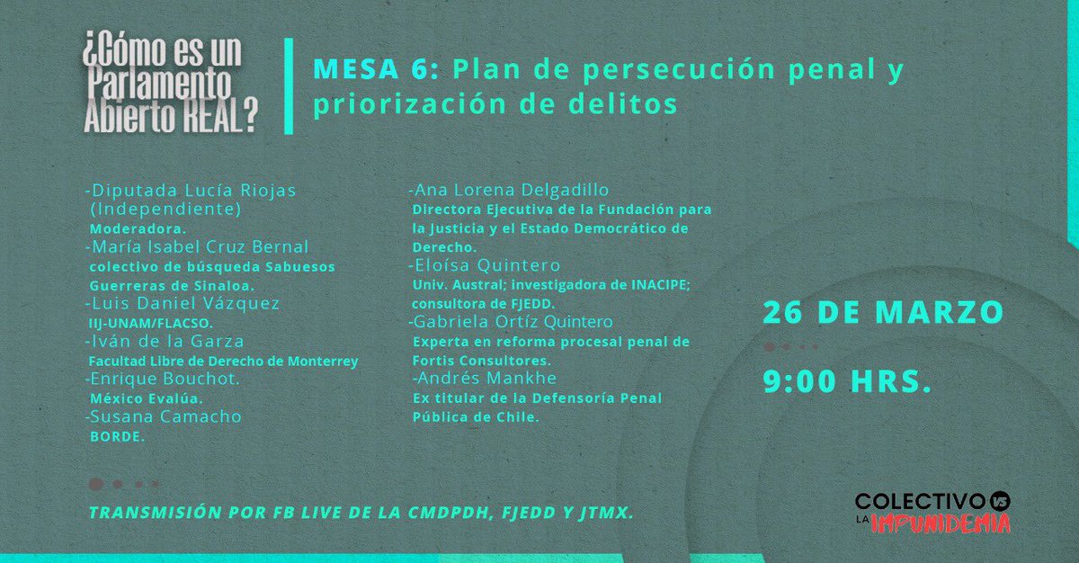 JorgePeniche6's tweet photo. No se pierdan el tremendo line-up que se armó para discutir la última mesa técnica del #ParlamentoAbierto (de a de veras) sobre la #LOFGR: Plan de Persecución Penal.
Modera: @LuRiojas
@PitusaGO @analorenadp @Eloquintero17 @LDVazquezV @dconstitucional @Eloquintero17 y más https://t.co/VFcvjID5ay