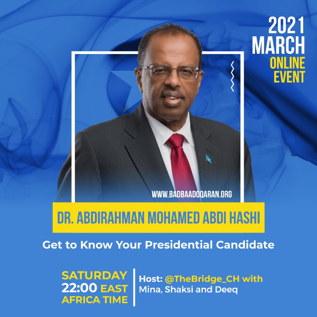 Thebridge_ch's tweet photo. Dr. Abdirahman Mohamed Abdi Hashi was the former Minister of Fisheries and Marine Resources of the Federal Republic of Somalia. Dr. Hashi is a presidential candidate for the FRS 2021 and is the chairman of @Badbaado_Qaran.

Join us on clubhouse tomorrow: https://t.co/ajuYVoyaeG https://t.co/16asxrNsv3