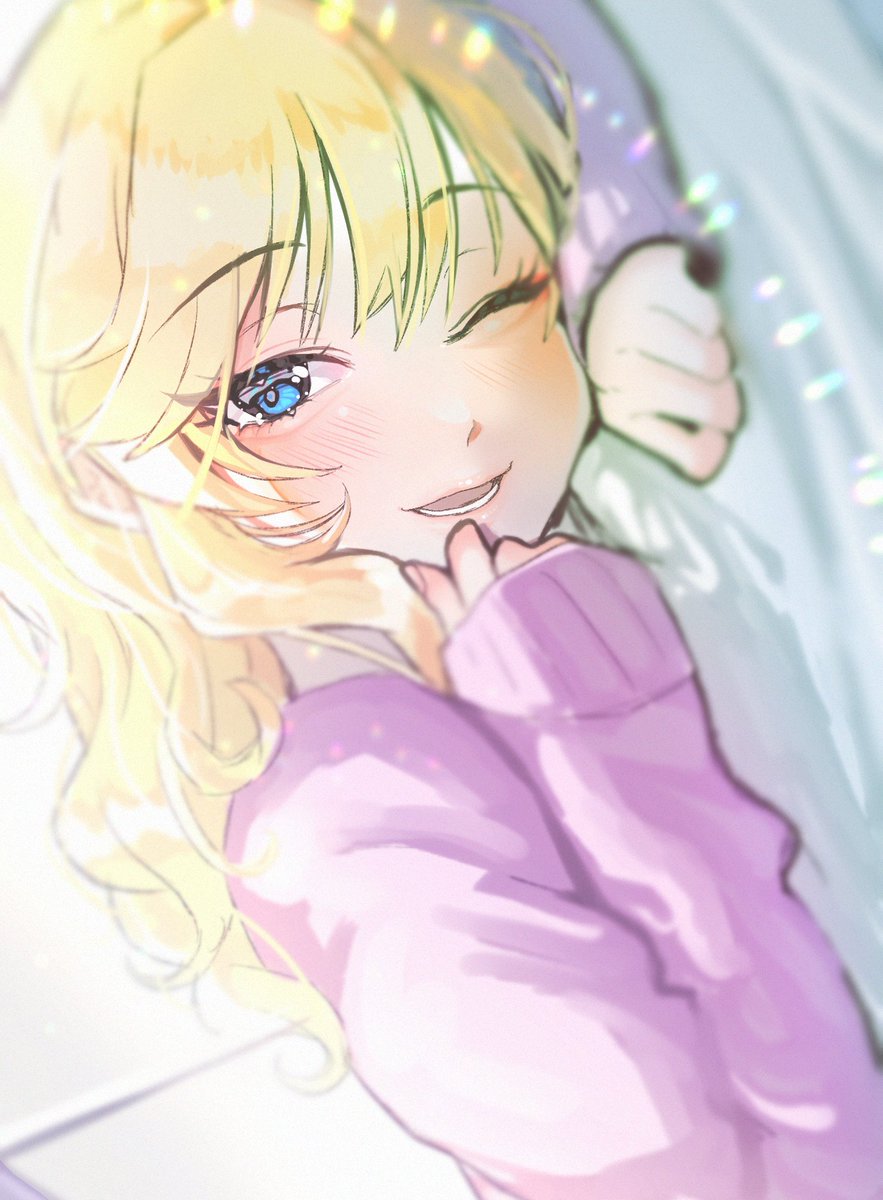 ohtsuki yui 1girl solo blonde hair blue eyes one eye closed looking at viewer smile  illustration images