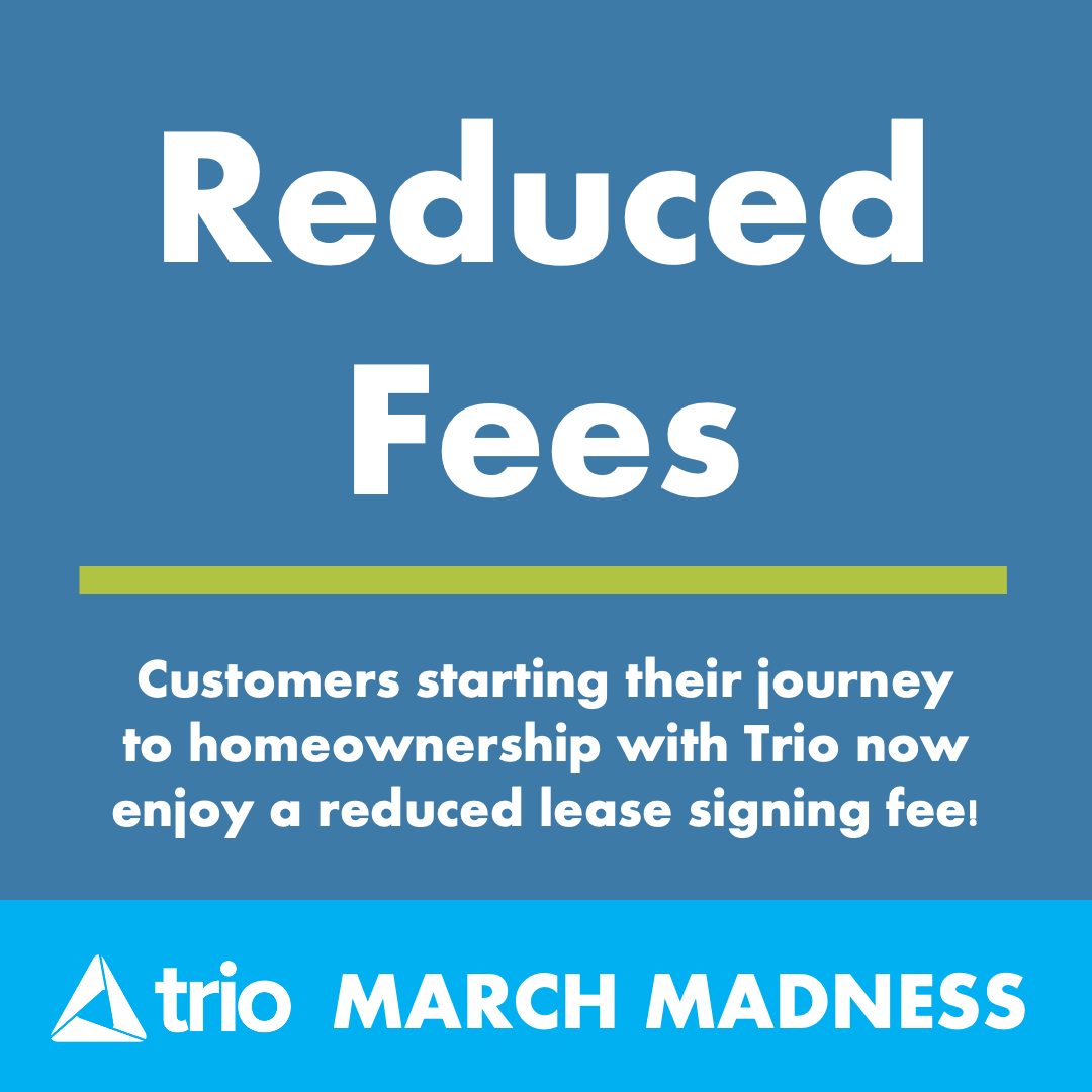 ThinkTrio's tweet photo. ๐ Customers starting their journey to homeownership with Trio now enjoy a reduced lease signing fee!
๐ฅ #marchmadness
๐ #homeownership
๐ #thinktrio
๐ #happy2021 https://t.co/rF54a9Jycg