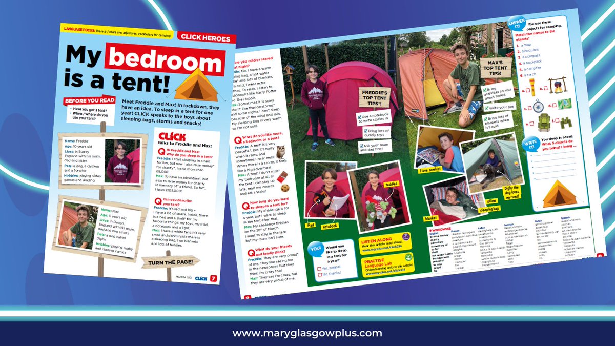 Have you seen our interview with Max and Freddie, who swapped their bedrooms for tents, in your March issue of Click? It's been a whole year for Max - read all about his plans for his final weekend of the camp out: bbc.co.uk/news/uk-englan…
#edutwitter #elt
