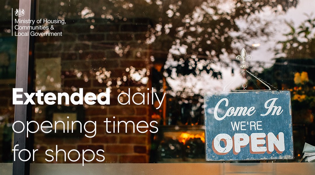 Ministry of Housing, Communities & Local Gov (@mhclg) on Twitter photo The Communities Secretary <a href="/RobertJenrick/">Robert Jenrick</a> has announced extended opening hours Monday to Saturday for non-essential shops when they reopen – giving people greater flexibility to avoid peak times so they can shop safely: gov.uk/government/new… The Communities Secretary <a href="/RobertJenrick/">Robert Jenrick</a> has announced extended opening hours Monday to Saturday for non-essential shops when they reopen – giving people greater flexibility to avoid peak times so they can shop safely: gov.uk/government/new…