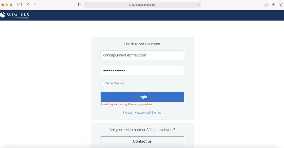 gringajourneys's tweet photo. @Skimlinks Here is the error message I receive every time I attempt to log in. I have also tried different browsers–I get the same error message. https://t.co/yP8WFSRsZK