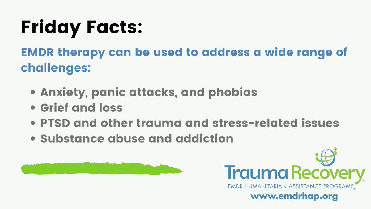 EMDRHAP's tweet photo. #Didyouknow EMDR therapy can be used for a wide range of challenges, including but not limited to PTSD and other trauma related issues? To learn more, visit our website https://t.co/Y802rlKJ47.
#FridayFacts #EMDRFacts #EMDRtherapy #traumatherapy #EMDRHAP #TraumaRecovery https://t.co/XGhWnwuOBM