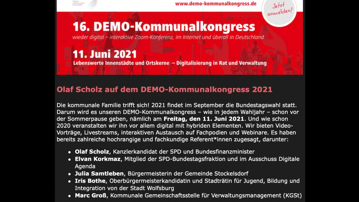 GrossMarc's tweet photo. Am 11.06.2021 findet der #DEMO-Kommunalkongress statt. Auch 2021 wieder komplett digital. Ich freue mich, dass ich u.a. neben @OlafScholz @KorkmazGT Julia #Samtleben &amp; Iris #Bothe zum Gelingen der Veranstaltung beitragen darf. Zur Anmeldung: https://t.co/UmDvyItZf4 @demoonline https://t.co/mqR7RgcuHt