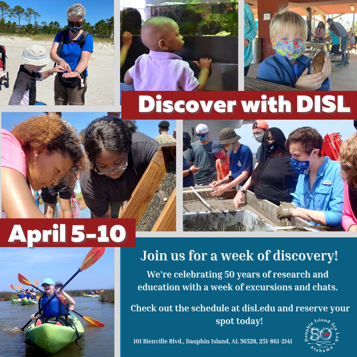 disealab's tweet photo. It's an exciting year for us at the Dauphin Island Sea Lab as we celebrate 50 years of marine science research and education. Join us the week of April 5th through the 10th as we celebrate. https://t.co/0cc8szDpeG.
#DiscoverDISL #DISL50 #DISLexperience #DISLresearch https://t.co/hFWWXIAstL