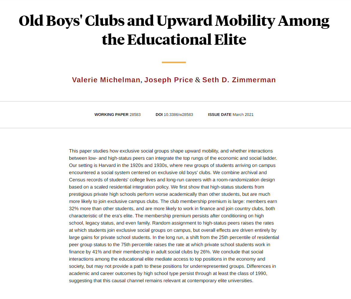NBER (@nberpubs) on Twitter photo For Harvard students, membership in exclusive social groups pays off in the long run —and it’s hard for lower socioeconomic status students to join, from <a href="/v_michelman/">Valerie Michelman</a>, Joseph Price, and Seth D. Zimmerman nber.org/papers/w28583 For Harvard students, membership in exclusive social groups pays off in the long run —and it’s hard for lower socioeconomic status students to join, from <a href="/v_michelman/">Valerie Michelman</a>, Joseph Price, and Seth D. Zimmerman nber.org/papers/w28583