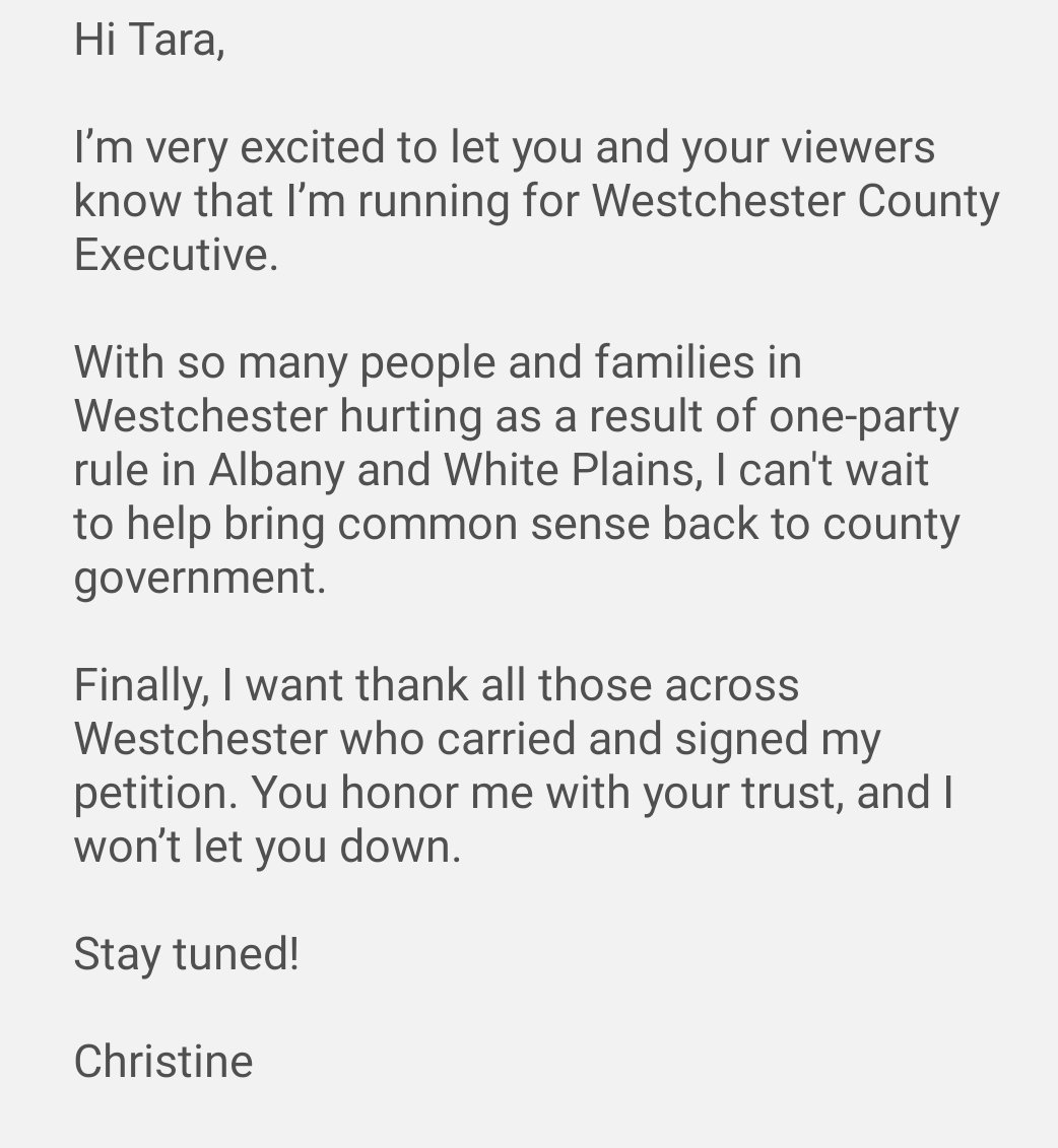 tararosenblum's tweet photo. Text to me just now from newly-announced candidate for Westchester County Executive , Christine Sculti @News12WC 
#FIRSTON12 https://t.co/EYG9SMeZ9M