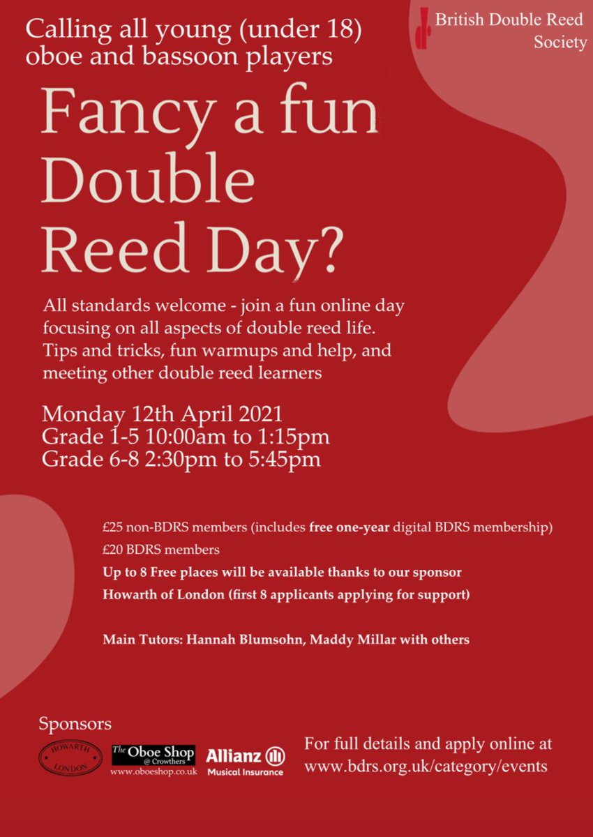 Calling all young #oboists and #bassoonists - this is a great opportunity from <a href="/BDRSoc/">British Double Reed Society</a> during the Easter holidays! All standards are welcome via Zoom on Mon 12th April  - find out more here: bdrs.org.uk/category/event…