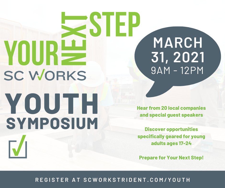 SCWorksTrident's tweet photo. Are you ready to take Your Next Step? The VIRTUAL Your Next Step Youth Symposium is coming up Wednesday, March 31st! Hear from local businesses and industries that are recruiting and hiring young emerging talent.
Are you attending? Let us know how you're taking #MyNextStep! https://t.co/nwClck8muw