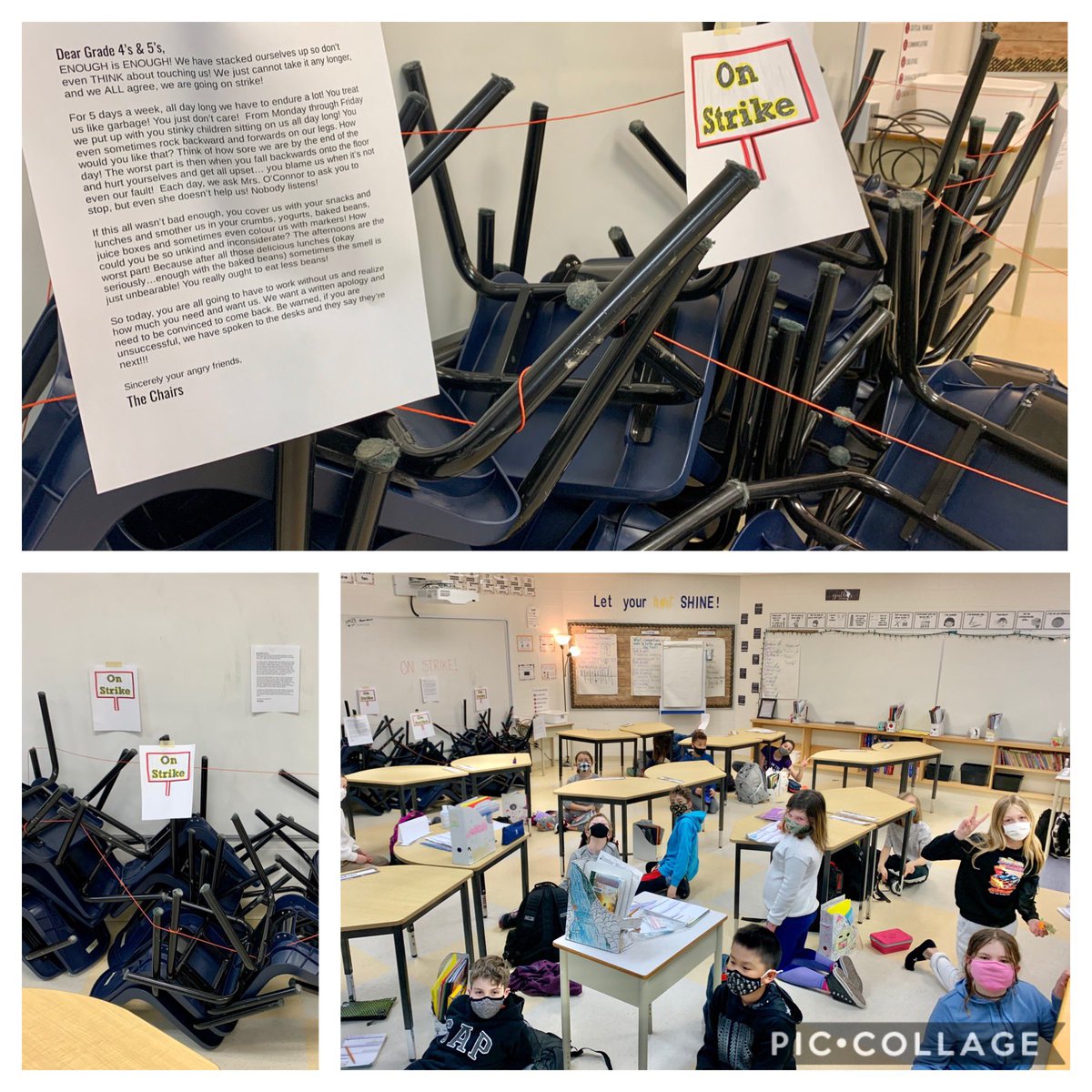 MrsOConnorOCSB's tweet photo. ‼️OUR CHAIRS WENT ON STRIKE THIS MORNING! ‼️ 🪑🪑Students had to write them a letter persuading them to come back using all the strategies we’ve learned this unit. Turns out after a whole block without them, we really missed them! @StAnneOCSB https://t.co/64aNtXG4bv