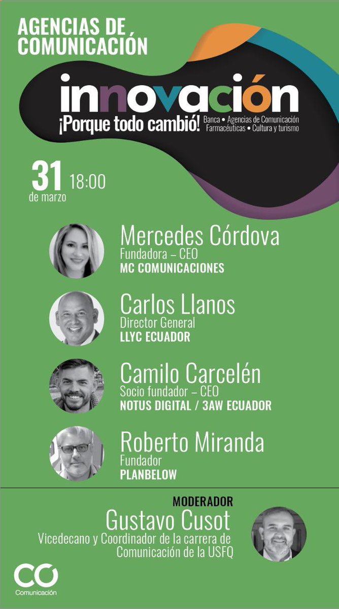 gcusot's tweet photo. !Te invitamos a un un nuevo gran evento!  
La carrera de Comunicación de la Universidad San Francisco de Quito te presenta Innovación : ¡Porque todo cambió! 
4 conversatorios, con grandes profesionales. https://t.co/uNme1Xq4Vy