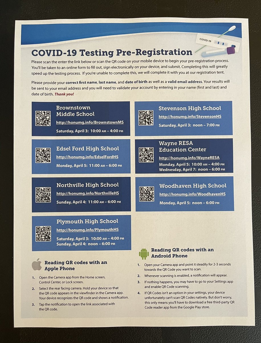 HSDCurriculum's tweet photo. Opportunities for free COVID 19 testing to help stop the spread. @HuronSchoolDist https://t.co/SEi9kmYtqd