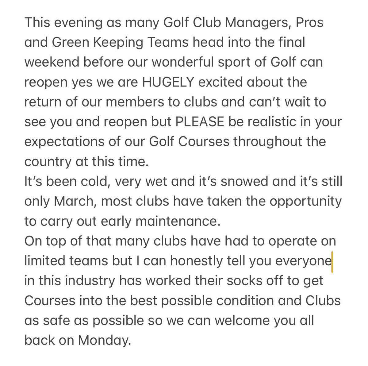 Ali James (@alijames1983) on Twitter photo An especially big thank you to all of our team here <a href="/CumberwellPark/">Cumberwell Park</a> for their efforts during this last lockdown as we look forward to reopening.
You are all a huge asset to us.
3 days to go 🏌️♂️🏌️♀️⛳️ <a href="/EnglandGolf/">England Golf</a> <a href="/GCMAUK/">Golf Club Managers' Association</a> @PGAEuroProTour <a href="/ThePGA/">The PGA</a> <a href="/PGASWest/">PGASWest</a> An especially big thank you to all of our team here <a href="/CumberwellPark/">Cumberwell Park</a> for their efforts during this last lockdown as we look forward to reopening.
You are all a huge asset to us.
3 days to go 🏌️♂️🏌️♀️⛳️ <a href="/EnglandGolf/">England Golf</a> <a href="/GCMAUK/">Golf Club Managers' Association</a> @PGAEuroProTour <a href="/ThePGA/">The PGA</a> <a href="/PGASWest/">PGASWest</a>