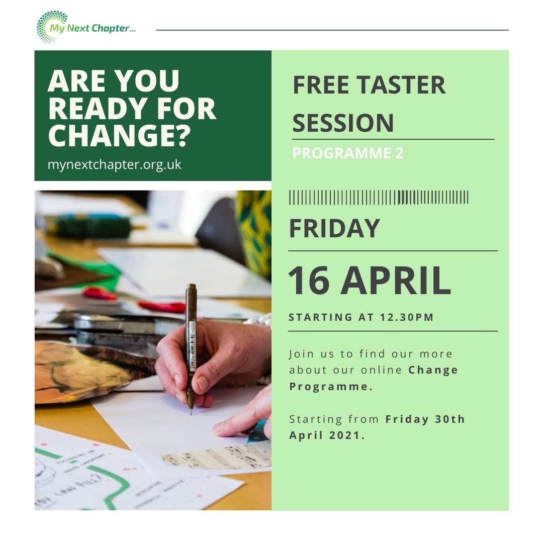 MyNextChapter2's tweet photo. We would love for you to join us at our next online change programme! We are holding a FREE taster session to help you make sure our change programme feels like it’s the right fit for you as an individual or group #ChangeCoach
Join us and book here👉🏻 https://t.co/kGQsZGlzbD https://t.co/zEDST5bEI9