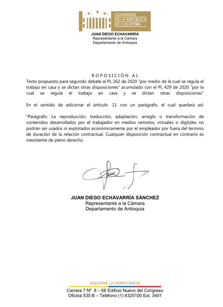 CamiloMontes's tweet photo. Éste articulo #MicoRemoto es un golpe contra el trabajo en casa, la propiedad intelectual y la armonía de la relación entre trabajadores y empleadores.

En caso de aprobarse en conciliación (ya fue en el texto de Cámara) todo el mundo tendrá que regresar físicamente a la oficina. https://t.co/LhtfTk1fyC