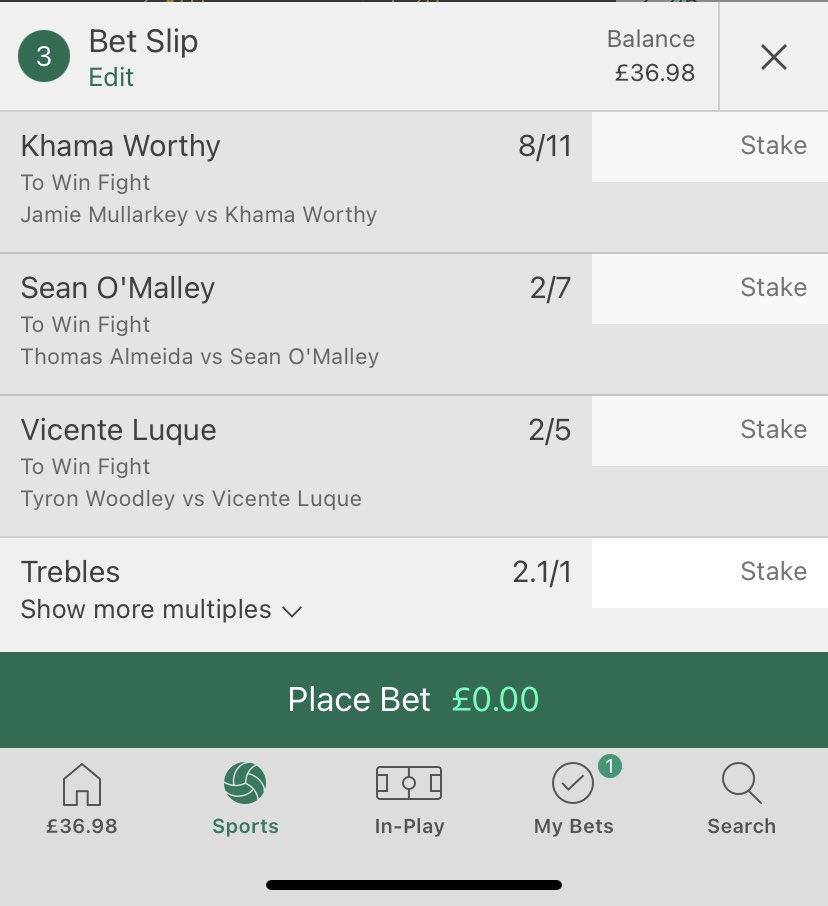 2/1 UFC picks for Saturday all three to win, I’ve left the main even off as could go either way, but I’d advise Francis ngannou first round KO