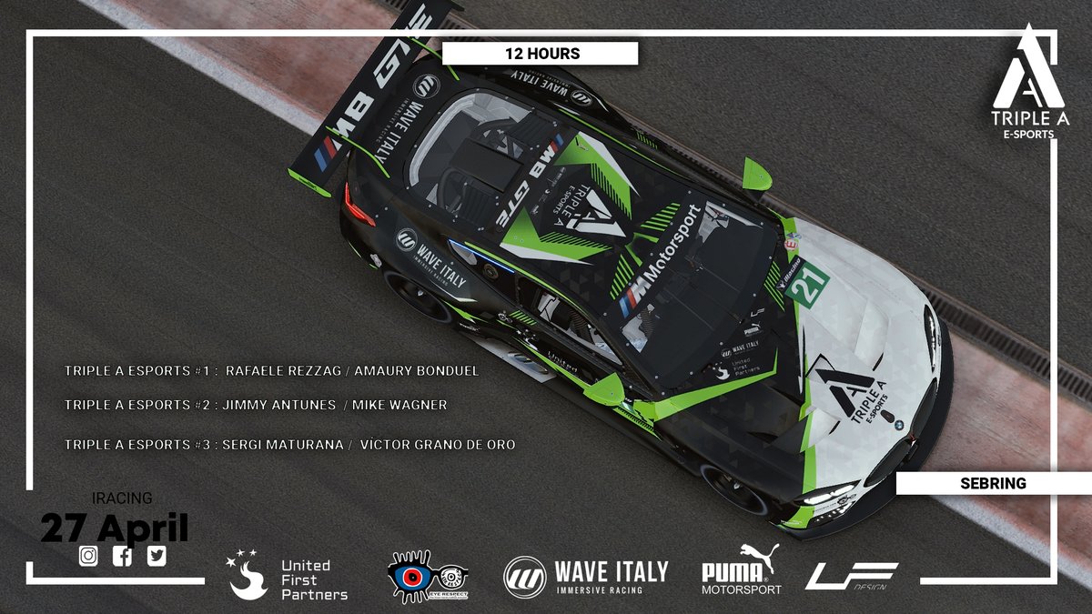 It´s the first <a href="/vcoesports/">VCO 🕹🏎</a> Grand Slam event of the year The Sebring 12H !!!

Live: youtu.be/G4wk-9wjLj8

<a href="/EyeRespect/">Eye Respect</a> <a href="/pumamotorsport/">PUMA Motorsport</a> #waveitaly #lfdesign31 #unitedfirstpartners