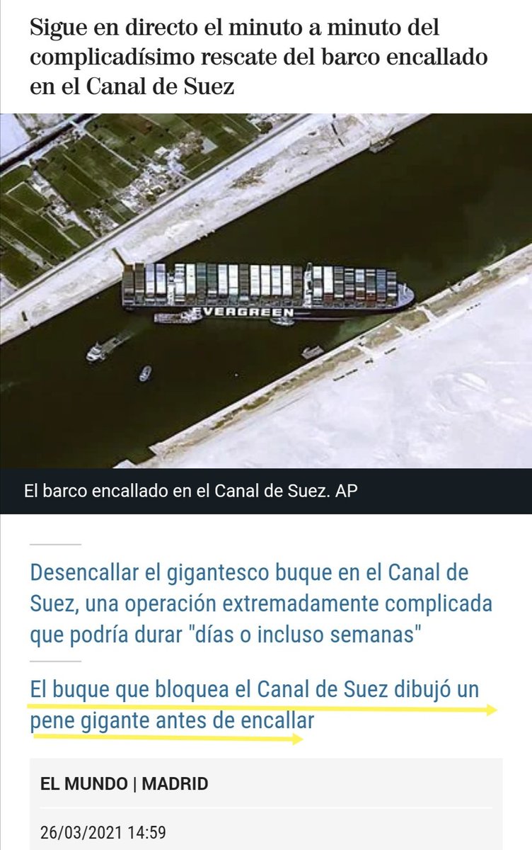 MigueGlez's tweet photo. @elmundoes @elmundotoday se han fusionado? Expectacular descripción de la trayectoria del buque antes de encallar.
Igual no está encallado y simplemente ha sufrido un "gatillazo" #Evergreen #SuezBLOCKED https://t.co/HtKLkYoYrY